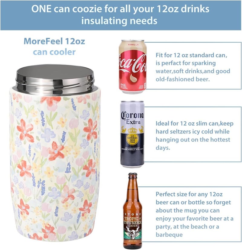 MoreFeel 4-in-1 Skinny Can Cooler Double Wall Stainless Steel Insulated Can Holder,Can Coozie, Works With 12 Oz Slim Can,Standard Cans,Beer Bottles & As Pint Cups (Floral Pink) - Image 3
